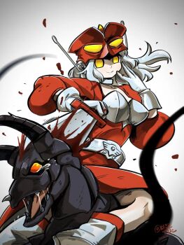  1girl antennae company_connection cosplay crossover gloves gudon harumakoto47 highres kaette_kita_ultraman kaiju knife_in_head looking_at_viewer object_through_head personification redman redman_(character) redman_(cosplay) tsuburaya_productions ultra_series white_gloves yellow_eyes 