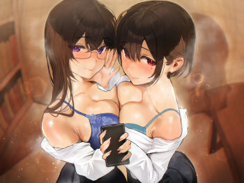  2girls absurdres aqua_bra black_skirt blue_bra bookshelf bra breasts brown_hair cellphone cleavage closed_mouth collarbone commentary_request glasses highres holding holding_phone inushima large_breasts lens_flare library long_hair looking_at_viewer mole mole_under_eye mole_under_mouth multiple_girls original phone purple_eyes red_eyes school_uniform shirt short_hair sidelocks skirt smartphone smile standing steam table underwear white_shirt 