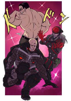  3boys absurdres bald black_hair crossover cyborg glasses grey_hair highres jojo_no_kimyou_na_bouken jojo_pose long_hair mask metal_gear_(series) metal_gear_rising:_revengeance monsoon_(metal_gear_rising) multiple_boys muscular muscular_male pink_background smug spine steven_armstrong sundowner_(metal_gear_rising) topless_male 