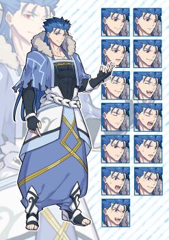 1boy absurdres angry black_gloves black_shirt black_shoes blue_capelet blue_hair capelet closed_eyes commentary_request cu_chulainn_(caster)_(fate) cu_chulainn_(fate) diagonal-striped_background earrings elbow_gloves expression_chart fate/grand_order fate_(series) fingerless_gloves full_body fur_hood gloves hanahiyo_(hoimin) highres hood jewelry long_hair looking_at_viewer loose_hair_strand male_focus muscular muscular_male open-toe_shoes open_mouth red_eyes robe shirt shoes smile solo standing striped_background surprised zoom_layer 