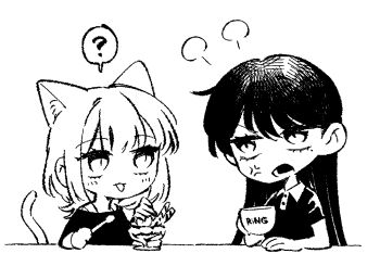  2girls ? anger_vein bang_dream! bang_dream!_it's_mygo!!!!! chibi commentary cup greyscale holding holding_cup kaname_raana korean_commentary matcha_parfait monochrome multiple_girls neonfloyd open_mouth raana_the_cat shiina_taki short_sleeves simple_background spoken_question_mark white_background 