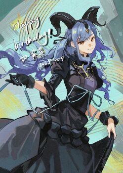  1girl arknights bang_dream! bang_dream!_it's_mygo!!!!! black_dress black_gloves black_horns blue_hair commentary_request curled_horns dated demon_girl demon_horns dress forever9_(user_jwem4753) gloves happy_birthday highres horns long_hair looking_at_viewer single_glove single_wrist_cuff solo togawa_sakiko togawa_sakiko_(master_of_melodia) two_side_up wrist_cuffs yellow_eyes 