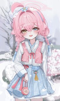  1girl absurdres ahoge alternate_costume alternate_hair_length alternate_hairstyle blue_archive blue_eyes blue_hairband blue_skirt blush braid chii_(k_ung) commentary day fur-trimmed_vest fur_trim hair_between_eyes hairband halo heterochromia highres holding hoshino_(blue_archive) long_sleeves looking_at_viewer open_mouth outdoors pink_hair pink_halo pink_vest short_hair_with_long_locks skirt snow snowing solo twin_braids vest yellow_eyes 