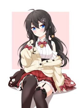  1girl 35p_(sakura_miko) absurdres ahoge bell bellezza_felutia beret black_hair black_hat black_thighhighs blue_eyes blush bow bowtie breasts cardigan clothing_cutout collared_shirt cosplay felutiahime flower garter_straps hair_flower hair_ornament hairclip hand_rest hat highres hololive large_breasts long_hair long_sleeves looking_at_viewer low_twintails neck_bell original pink_background plaid_clothes plaid_skirt red_bow red_bowtie red_scarf red_skirt sakura_miko sakura_miko_(casual) sakura_miko_(cosplay) scarf shirt shoulder_cutout simple_background skirt solo sweatdrop thighhighs twintails unworn_headwear unworn_scarf virtual_youtuber white_background white_shirt yellow_cardigan zettai_ryouiki 