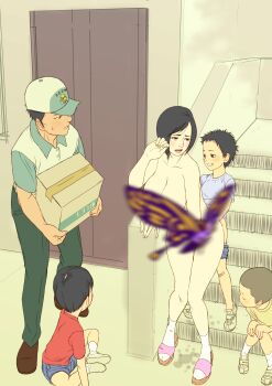 1girl 4boys absurdres age_difference bandaid baseball_cap bent_over black_hair blush box breasts brown_hair bug butterfly censored closed_eyes clothed_male_nude_female convenient_censoring doggystyle embarrassed exhibitionism happy hat hetero highres insect large_breasts looking_away mature_female multiple_boys nipples nude onee-shota open_mouth original outdoors public_indecency sex sex_from_behind short_hair shota standing tiptoes vaginal zuburoku rating:Explicit score:376 user:danbooru