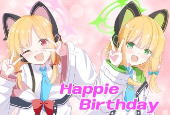  2girls :3 :d ;d animal_ear_headphones animal_ears blonde_hair blue_archive blue_bow blue_necktie blush bow buttons cat_ear_headphones cat_ears collared_shirt commentary_request double_v fake_animal_ears green_eyes green_halo green_jacket hair_bow halo hand_up hands_up happy_birthday head_tilt headphones jacket long_sleeves looking_at_viewer low-tied_sidelocks medium_hair midori_(blue_archive) momoi_(blue_archive) multicolored_jacket multiple_girls necktie off_shoulder one_eye_closed open_clothes open_jacket open_mouth parted_bangs pink_background pink_eyes pink_halo pink_jacket red_bow ringo002 shirt sidelocks smile unbuttoned upper_body v v-shaped_eyebrows v_over_eye white_jacket white_shirt wide_sleeves 