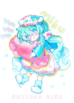  1girl :o absurdres animal_slippers aqua_eyes aqua_hair blue_socks bone_hair_ornament bow character_name chibi chibi_only commentary_request dog_mask dog_slippers dress full_body glasses hair_between_eyes hair_ornament hairclip hatsune_miku highres holding holding_pillow long_hair long_sleeves looking_at_viewer loungewear loungewear_outfit_miku low_twintails open_mouth pillow polka_dot polka_dot_socks red-framed_eyewear simple_background sleep_mask slippers socks solo twintails very_long_hair vocaloid white_background white_slippers yume_kawaii zhongji_yaoguai 
