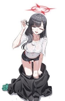  1girl ;p absurdres alternate_costume black_eyes black_hair black_shorts blue_archive halo highres ichika_(blue_archive) long_hair looking_at_viewer one_eye_closed red_halo see-through_clothes see-through_shirt sgholln shirt short_sleeves shorts simple_background solo standing t-shirt tongue tongue_out twitter wet wet_clothes wet_shirt white_background white_shirt 