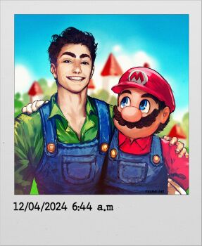  2boys black_eyes blue_eyes blue_overalls brown_hair castle commentary cosplay dated english_commentary facial_hair gloves green_shirt grin hat highres luigi luigi_(cosplay) luigi_mangione male_focus mario mario_(series) multiple_boys mustache nintendo overalls real_life red_hat red_shirt shirt smile teeth white_gloves yuumei  rating:General score:15 user:danbooru