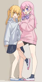  2girls @_@ absurdres black_shorts black_skirt black_socks blonde_hair blush bow bowtie clothes_grab collared_shirt commentary_request frottage hair_ornament heart heart-shaped_pupils highres kopaka_(karda_nui) leg_between_thighs multiple_girls open_mouth original pink_hair pink_sweater pleated_skirt purple_bow purple_bowtie purple_eyes pussy_juice rabbit_hair_ornament school_uniform shirt shirt_grab shoes shorts skirt smile socks sweater symbol-shaped_pupils trembling twintails white_shirt white_shoes yellow_eyes yuri 