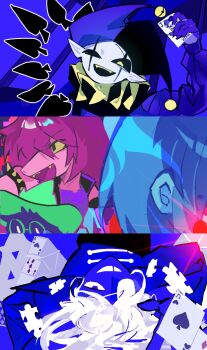  7szndc armband armlet black_armband black_sclera blue_hair blue_skin bracelet card collar colored_sclera colored_skin colored_teeth deltarune frilled_collar frills furry furry_female glowing glowing_eye green_hat grey_skin hat hat_bell highres jester jester_cap jewelry kris_(dark_world)_(deltarune) kris_(deltarune) long_hair multiple_boys open_mouth pink_skin purple_hair purple_shirt ralsei ralsei_(hat) sharp_teeth shirt short_hair smile spiked_armlet spiked_bracelet spikes split-color_hat susie_(dark_world)_(deltarune) susie_(deltarune) teeth the_fun_gang two-tone_hat upper_teeth_only utdr_(toby_fox) white_hair yellow_eyes yellow_sclera yellow_teeth 