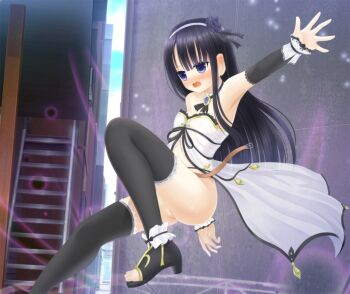  1girl alley ankle_garter asymmetrical_bangs babydoll black_hair black_sleeves black_thighhighs blue_eyes blue_gem blunt_bangs blush bottomless breasts brooch building character_request choker choppy_bangs cleft_of_venus copyright_request day detached_sleeves ear_blush embarrassed exhibitionism flower foot_out_of_frame frilled_choker frills game_cg gem gold_trim gradient_hair hair_flower hair_ornament hairband high_heel_sandals jewelry knee_up lace lace-trimmed_sleeves lace-trimmed_thighhighs lace_trim long_hair luna_lily magical_girl midair multicolored_hair naked_magical_girl nanamiya_runa nipples non-web_source nose_blush nude official_art open_hand open_mouth outdoors outstretched_arm public_indecency pussy sandals shitou_(4h) sidelocks small_breasts solo straight_hair strapless thighhighs v-shaped_eyebrows white_babydoll wrist_cuffs 