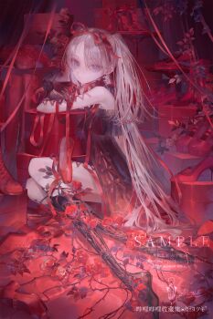  1girl absurdly_detailed_composition absurdres ballet_slippers bare_shoulders black_bow black_dress black_gloves blue_eyes boots bow box commentary_request corset_piercing dress expressionless flower frilled_dress frilled_gloves frills full_body gift gift_box gloves hair_ribbon high_heels highres leaf loaded_interior long_hair looking_at_viewer mechanical_legs original penny_loafers red_flower red_ribbon red_rose red_shoes ribbon rose sample_watermark shoes sitting sleeveless sleeveless_dress sneakers thorns two_side_up very_long_hair watermark white_hair yoggi_(stretchmen) 