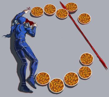  1boy armor blood blood_writing blue_bodysuit blue_hair bodysuit commentary cu_chulainn_(fate) cu_chulainn_(lancer)_(fate) dying dying_message english_commentary fate/stay_night fate_(series) food full_body gae_bolg_(fate) grey_background hair_tubes highres long_hair lying male_focus mapo_tofu on_ground on_stomach pauldrons polearm ponytail shoulder_armor single_hair_tube solo span_(shibanyu63868) spear weapon 