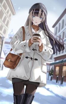  1girl absurdres alternate_costume bag beanie black_boots black_hair black_hat black_pantyhose black_skirt blue_eyes blunt_bangs blurry blurry_background boots brown_sweater coat cup dhbwinner disposable_cup expressionless grey_hair hashtag-only_commentary hat highres hime_cut holding holding_cup hololive hololive_dev_is juufuutei_raden long_hair looking_at_viewer miniskirt multicolored_hair outdoors pantyhose shoulder_bag skirt snow solo straight_hair streaked_hair sweater thigh_boots turtleneck turtleneck_sweater two-tone_hair virtual_youtuber white_coat winter 