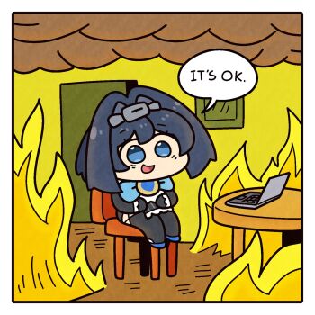  1girl blue_eyes blue_hair breasts burning burning_building computer fire hair_intakes hashtag-only_commentary highres hololive hololive_english laptop meme ouro_kronii solo this_is_fine_(meme) underdatv virtual_youtuber 