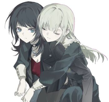  2girls bang_dream! bang_dream!_it's_mygo!!!!! black_collar black_dress black_hair black_jacket black_skirt blue_eyes blunt_ends carrying closed_eyes closed_mouth collar cowboy_shot dress green_hair jacket long_hair long_sleeves looking_back multiple_girls parted_lips piggyback red_shirt shirt sidelocks simple_background skirt unconscious wakaba_mutsumi white_background yahata_umiri yukhoe_(kaje7pi) 