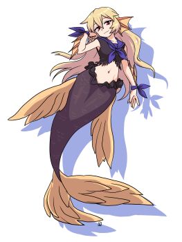  1girl absurdres blonde_hair blue_ribbon blue_sailor_collar commentary_request commission commissioner_upload fins fish_tail hair_between_eyes head_fins highres long_hair looking_at_viewer mermaid monster_girl muu_(mumumer) navel original red_eyes ribbon sailor_collar signature simple_background skeb_commission solo stella_(cophocoa) tail tassel wrist_ribbon 