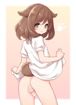  +++_(artist) 1boy animal_ears ass blush brown_eyes brown_hair censored dog_boy dog_ears dog_tail dress highres male_focus no_panties original penis small_penis smile solo tail testicles trap  rating:Explicit score:345 user:danbooru