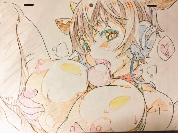  1boy 1girl animal_ears animal_print bare_shoulders bell bikini breasts breasts_squeezed_together brown_eyes brown_hair collar commentary_request cow_ears cow_horns cow_print cowbell detached_sleeves elbow_gloves fake_animal_ears fake_horns fellatio gloves hetero highres horns idolmaster idolmaster_cinderella_girls large_breasts licking licking_penis looking_at_viewer neck_bell nipples oikawa_shizuku oikawa_shizuku_(moo_moo_fresh) open_mouth oral paizuri penis pink_gloves sharekoube short_hair swimsuit tongue tongue_out traditional_media white_bikini 