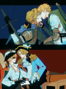  2boys absurdres armor ascot axis_powers_hetalia bicorne blonde_hair blue_background blue_eyes boots bow braid braided_ponytail chinese_commentary cloak closed_eyes commentary_request eyepatch france_(hetalia) gloves green_eyes hair_bow hair_over_one_eye hat highres holding holding_sword holding_weapon jacket jewelry lihua380 long_hair male_focus medium_hair multiple_boys necklace open_mouth pants pirate_costume pirate_hat plume ponytail quiver rain red_background shirt short_hair single_braid sitting smile sword thick_eyebrows tunic united_kingdom_(hetalia) weapon yaoi 