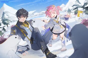  1boy 1girl absurdres adoptive_parent_and_adoptive_child aemeath_(wuthering_waves) aemeath_(young)_(wuthering_waves) black_gloves black_hair black_jacket black_pants blue_sky bow closed_eyes commentary day dress english_commentary father_and_daughter fingerless_gloves gloves hair_bow hair_ornament highres jacket long_sleeves male_rover_(perpetual_spark)_(wuthering_waves) male_rover_(wuthering_waves) official_alternate_costume one_eye_closed open_mouth outdoors pants parted_lips rover_(wuthering_waves) seal_(animal) sitting sky smile snow snowing snowman tacet_mark_(wuthering_waves) toriumu vest white_bow white_dress white_vest wuthering_waves yellow_eyes 