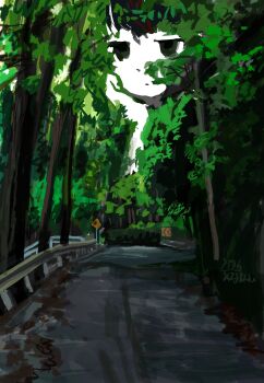  2026 black_eyes black_hair character_counter_request character_request chevron_(symbol) colored_skin commentary_request copyright_request forest highres minahamu nature outdoors road road_sign scenery short_hair sign solo white_skin 
