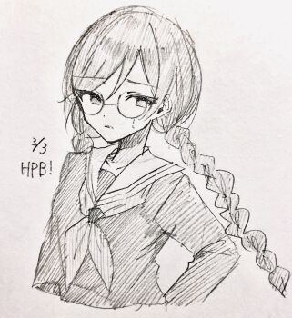  1girl absurdres braid collared_shirt commentary_request danganronpa:_trigger_happy_havoc danganronpa_(series) dated eyelashes feng_(mochicapy) fukawa_toko glasses greyscale happy_birthday hatching_(texture) highres long_hair long_sleeves monochrome neckerchief round_eyewear sailor_collar shirt simple_background solo traditional_media twin_braids twintails white_background 