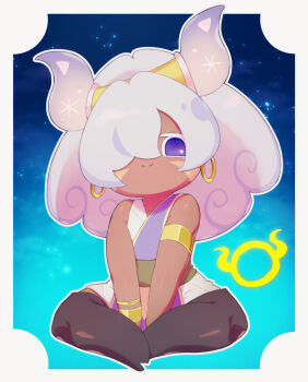  1girl black_pantyhose border commentary_request cookie_run cookie_run:_ovenbreak dark-skinned_female dark_skin earrings hair_over_one_eye highres hoop_earrings horns indian_style jewelry long_hair looking_at_viewer official_style pantyhose purple_eyes rorizu sitting smile solo sparkle taurus_(symbol) taurus_(zodiac) taurus_cookie white_border white_hair zodiac 