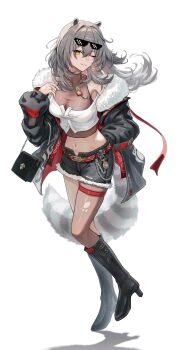  1girl absurdres alternate_costume animal_ears bag belt black_boots black_jacket black_shorts boots breasts brown_pantyhose commentary_request crop_top deal_with_it_(meme) eyewear_on_head floating_hair full_body fur-trimmed_jacket fur_trim grey_hair hand_in_pocket handbag high_heels highres holding holding_bag honkai:_star_rail honkai_(series) isome jacket kemonomimi_mode knee_boots long_hair long_sleeves looking_at_viewer medium_breasts meme midriff navel one_eye_closed open_clothes open_fly open_jacket pantyhose parted_lips raccoon_ears raccoon_girl raccoon_tail red_belt shadow shirt short_shorts shorts simple_background smile solo standing standing_on_one_leg stelle_(honkai:_star_rail) tail trailblazer_(honkai:_star_rail) white_background white_shirt yellow_eyes 