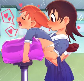  1futa 1girl absurdres azumanga_daiou blush breeding_mount brown_eyes brown_hair carrying carrying_person flashfigure futanari heart highres large_penis loli mihama_chiyo orange_hair panties penis shirt shoes skirt skirt_around_one_leg socks takino_tomo underwear 