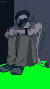  1boy against_wall arms_on_knees bansookoo. baseball_cap black_hat black_shirt blue_eyes brown_pants commentary_request dress_shirt elbow_on_knee elbow_on_leg elbow_rest green_hair grey_background grey_shoes grin hair_over_one_eye hand_on_own_knee hand_on_own_leg hat high_contrast highres holding holding_jewelry holding_necklace huddle hugging_own_legs jewelry knees_to_chest knees_up leaning_forward long_sidelocks looking_to_the_side low_ponytail male_focus muted_color n_(pokemon) necklace nintendo on_ground one_eye_covered outdoors pants partially_unbuttoned pokemon pokemon_bw ponytail rubik's_cube shirt shirt_under_shirt shoes sidelocks signature sleeves_rolled_up smile spot_color turning_head untucked_shirt wallet_chain white_shirt 