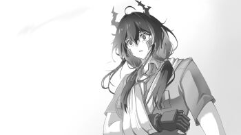  1girl ahoge arknights arm_sling bandaged_arm bandages breast_pocket ch'en_(arknights) commentary english_commentary fingerless_gloves gauze gauze_on_cheek gloves greyscale hair_between_eyes hair_over_shoulder hair_tie hansi highres horns long_hair looking_ahead monochrome open_mouth pocket ptsd shirt short_sleeves solo upper_body worried 