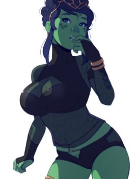  1girl alien black_panties black_shirt blue_eyes breasts colored_skin dave_cheung facial_mark green_skin highres large_breasts mirialan panties see-through_clothes see-through_shirt shirt simple_background solo star_wars underwear white_background yara_larso_(dave_cheung) 