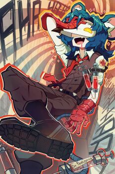  1girl absurdres arm_up bad_link black_boots boots collared_shirt drooling fang gloves highres mask medic_(tf2) mouth_drool necktie open_mouth original pants parasoru_buruu red_gloves red_medic_(tf2) red_necktie red_pants rubber_gloves shirt short_sleeves solo syringe team_fortress_2 teeth upper_teeth_only white_shirt 