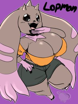  1girl digimon digimon_(creature) furry furry_female horns jyto_yukumaza looking_at_viewer lopmon ojou-sama_pose rabbit_girl 