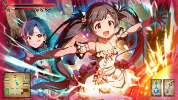  2girls blood blood_on_face blue_hair braid brown_eyes brown_hair commentary_request dress dungeon energy fairy_wings fake_screenshot flask game_cg gameplay_mechanics hakozaki_serika health_bar idolmaster idolmaster_million_live! idolmaster_million_live!_theater_days long_hair minimap multiple_girls nanao_yuriko official_alternate_costume official_art open_mouth outstretched_arms potion spread_arms sword third-party_source twintails weapon white_dress wings 