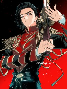  1boy black_background black_hair black_jacket cowboy_shot gradient_background hashtag-only_commentary highres jacket male_focus mioky ohgercalibur_zero ohsama_sentai_king-ohger rcules_husty red_background red_eyes short_hair solo super_sentai twitter_username 