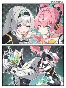 2girls absurdres aria_(zenless_zone_zero) armor bibitapel blue_eyes bow fingerless_gloves firefly_(honkai:_star_rail) gloves green_bow grey_hair headphones highres honkai:_star_rail honkai_(series) long_hair multiple_girls one_eye_closed pink_hair power_armor purple_eyes quad_tails robot_girl sam_(honkai:_star_rail) smile twitter_username v zenless_zone_zero 
