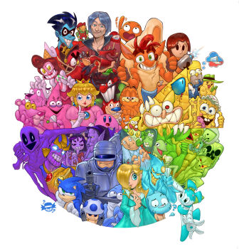  6+boys 6+girls 6+others ? absurdres adventure_time among_us anton_blast bill_cipher cartoon_network character_request color_wheel_challenge colored_skin courage_the_cowardly_dog crash_bandicoot crash_bandicoot_(series) creeper crossover cuphead_(game) fangs fern_(adventure_time) food freakazoid freakazoid! furry garfield gloves gravity_falls gun highres holding holding_weapon homer_simpson jenny_wakeman kermit_the_frog kirby kirby_(series) mario_(series) mii_gunner minecraft mordecai_(regular_show) muffet multiple_boys multiple_drawing_challenge multiple_girls multiple_others nickelodeon nintendo patrick_star pink_panther plankton_(spongebob) princess_peach purple_skin relaxing ren_&amp;_stimpy robocop robot rosalina sega smile sonic_(series) sonic_the_hedgehog spongebob_squarepants tagme thanos the_amazing_world_of_gumball the_grinch thumbs_up toad_(mario) undertale utdr_(toby_fox) warner_bros. weapon 