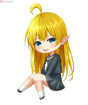  1girl :d absurdres ahoge black_sailor_collar black_serafuku black_shirt black_skirt blonde_hair blue_eyes blush chibi commission commissioner_upload earrings elf feet_apart full_body hair_between_eyes highres jewelry knees_together_feet_apart legs_together long_hair long_sleeves looking_at_viewer lori_hagami lotte_farona neckerchief official_art open_clothes open_mouth pleated_skirt pointy_ears sailor_collar school_uniform serafuku shirt shoes simple_background sitting skirt smile socks solo stud_earrings very_long_hair watermark ways_of_darkness_(series) web_address white_background white_neckerchief white_socks 