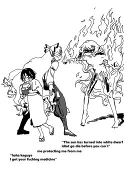  3girls baggy_pants blush bow burning english_text frown fujiwara_no_mokou fujiwara_no_mokou_(young) full_body greyscale hair_bow hashtag-only_commentary hourai_elixir japanese_clothes long_hair looking_at_another monochrome multiple_girls multiple_hair_bows multiple_persona nude outstretched_arms pants protecting pugnole sandals short_hair smile standing storage_pot suspenders sweat time_paradox touhou very_long_hair white_background 