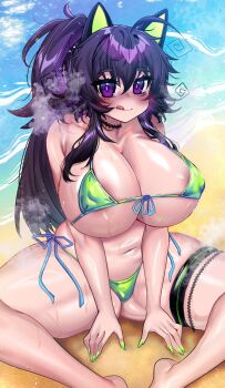  1girl :q ahoge animal_ears areola_slip beach bikini black_choker blush breasts cat_ears choker cleavage closed_mouth collarbone crawling_dreams fake_animal_ears feet_out_of_frame fingernails green_bikini green_nails hair_between_eyes highres huge_breasts long_hair looking_at_viewer micro_bikini nail_polish navel nyarla_(osiimi) ocean osiimi outdoors purple_eyes purple_hair sand shore side-tie_bikini_bottom sitting smile solo steaming_body swimsuit thigh_strap thighs tongue tongue_out 