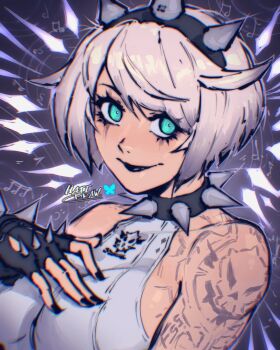 1girl aqua_eyes arm_tattoo artist_name bare_shoulders black_collar black_gloves black_hairband black_lips black_nails bluesky_logo breasts chromatic_aberration collar commentary elphelt_valentine emo_fashion english_commentary fingerless_gloves gloves grey_background guilty_gear guilty_gear_strive hairband halterneck hand_on_own_chest hatidraw large_breasts lipstick looking_at_viewer makeup musical_note nail_polish portrait runny_makeup shirt short_hair sideboob sleeveless sleeveless_shirt solo spiked_collar spiked_gloves spiked_hairband spikes swept_bangs tattoo white_hair white_shirt 