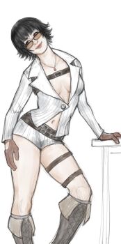  1girl black_hair cyanorhis devil_may_cry devil_may_cry_(series) devil_may_cry_4 gloves green_eyes heterochromia highres jacket jewelry lady_(devil_may_cry) navel necklace no_bra red_eyes short_hair shorts simple_background sketch smile solo thigh_strap tinted_eyewear white_background white_jacket white_shorts 