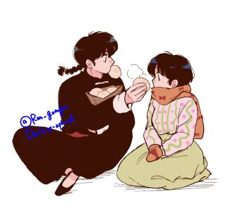  1boy 1girl baggy_pants black_hair black_jacket black_pants black_shoes braid commentary_request food food_in_mouth full_body hair_between_eyes highres jacket kneeling long_skirt looking_at_another mittens orange_mittens orange_scarf pants parted_bangs pink_sweater ranma_1/2 saotome_ranma scarf shoes short_hair short_hair_with_long_locks single_braid sitting skirt steamed_bun steaming_food sweater tendou_akane tori_(runrunpiia) twitter_username white_background winter_clothes yellow_skirt 