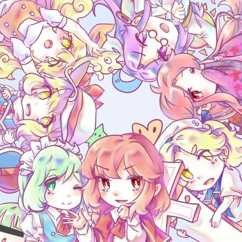  6+girls asakura_rikako bai_he blonde_hair blue_dress blue_sailor_collar cape capelet cat commentary_request covering_own_mouth cross dress ellen_(touhou) everyone glasses green_hair hand_over_own_mouth hat hat_ribbon highres japanese_clothes kana_anaberal kimono kitashirakawa_chiyuri kotohime_(touhou) lab_coat long_hair long_sleeves maid maid_headdress multiple_girls okazaki_yumemi open_mouth phantasmagoria_of_dim.dream puffy_short_sleeves puffy_sleeves purple_eyes purple_hair red_capelet red_eyes red_hair red_ribbon ribbon ruukoto sailor sailor_collar sailor_hat shirt short_hair short_sleeves simple_background skirt smile sokrates_(touhou) solo sun_hat touhou touhou_(pc-98) twintails vest white_background white_hat white_shirt wide_sleeves yellow_eyes 