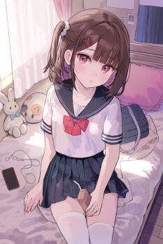 1girl arl bag bed blue_sailor_collar blue_skirt blush bow breasts brown_hair collarbone curtains drink_carton earbuds earphones hair_between_eyes hair_ornament hair_scrunchie hairclip highres juice_box looking_at_viewer medium_hair misleading_thumbnail on_bed original parted_lips phone pillow pleated_skirt purple_eyes red_bow sailor_collar school_bag scrunchie shirt short_sleeves sitting skirt solo stuffed_animal stuffed_toy thighhighs unworn_bag white_shirt white_thighhighs window zettai_ryouiki