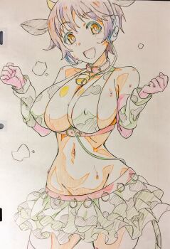  1girl animal_ears animal_print bare_shoulders bell bikini breasts brown_eyes brown_hair cleavage collar commentary_request cow_ears cow_horns cow_print cow_tail cowbell detached_sleeves elbow_gloves fake_animal_ears fake_horns fake_tail gloves headset highres horns idolmaster idolmaster_cinderella_girls large_breasts looking_at_viewer miniskirt navel neck_bell oikawa_shizuku oikawa_shizuku_(moo_moo_fresh) pink_gloves sharekoube short_hair skirt solo swimsuit tail traditional_media white_bikini white_skirt 