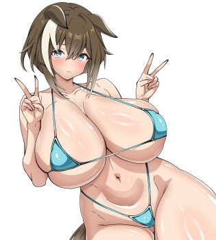  1girl a-sui absurdres alternate_breast_size_(larger) animal_ears aqua_bikini bikini blue_eyes blush breasts brown_hair brown_tail cheval_grand_(umamusume) cleavage closed_mouth commentary_request double_v ears_down hair_between_eyes hands_up highres horse_ears horse_girl horse_tail huge_breasts looking_at_viewer micro_bikini multicolored_hair navel shiny_skin short_hair short_hair_with_long_locks simple_background skindentation solo stomach streaked_hair swimsuit tail thick_thighs thighs umamusume v white_background white_hair white_streaks 